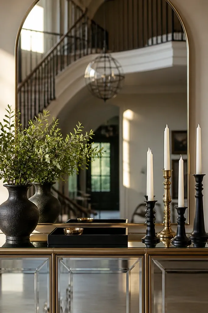 Mirrored console, black decor, brass candlesticks, and a warm neutral runner