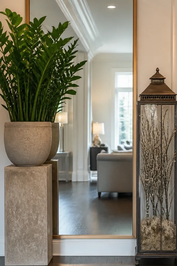 Tall plant on a pedestal with a lantern and warm neutral entry styling