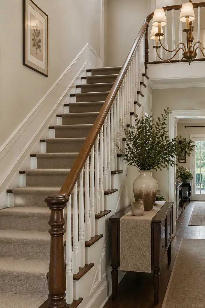 Stair runner in muted tones with a matching console and tall wall decor