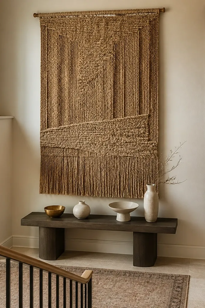 Large woven wall piece above a simple console with neutral decor