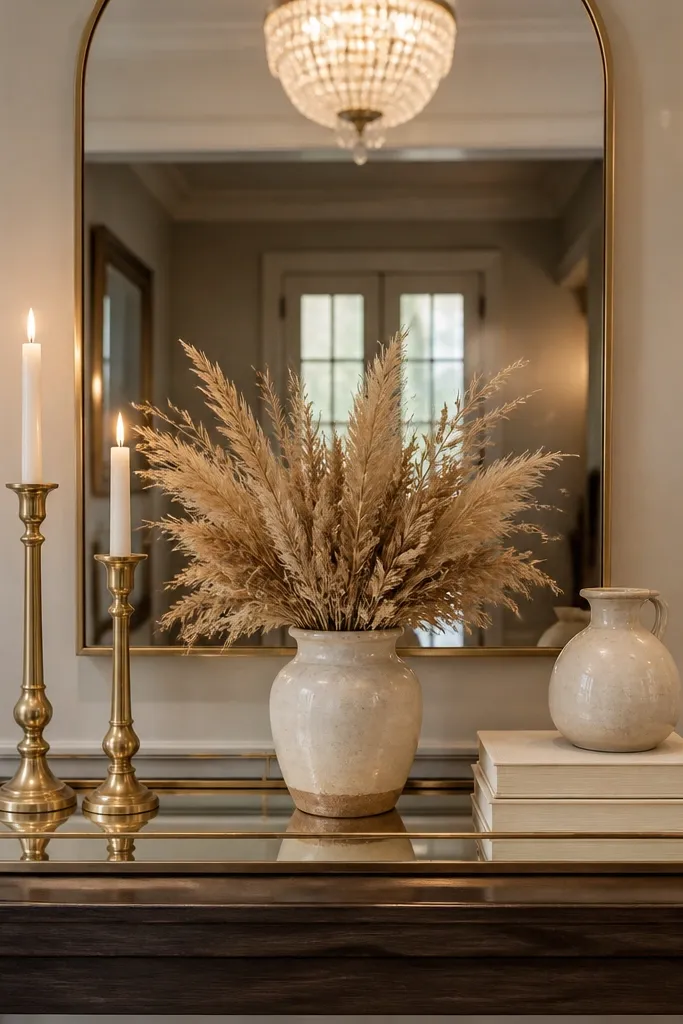Console with mirrored tray, neutral candles, and a tall vase with seasonal stems