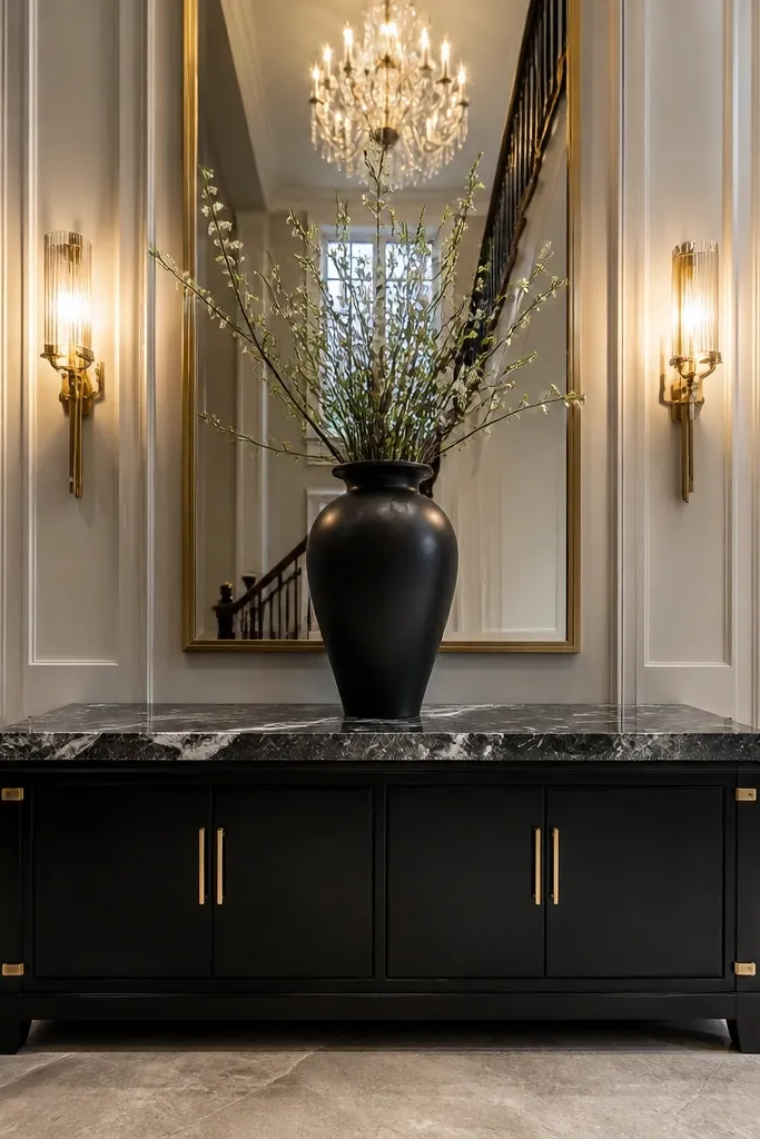 Black console with marble-look top, brass accents, and a tall vase arrangement
